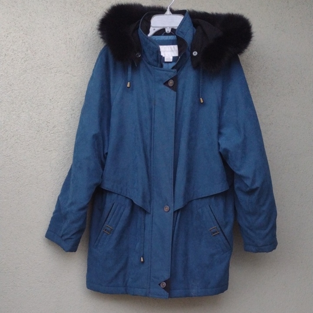 Worthington Blue Hooded Coat with Genuine Black Fur Trim Women's Large